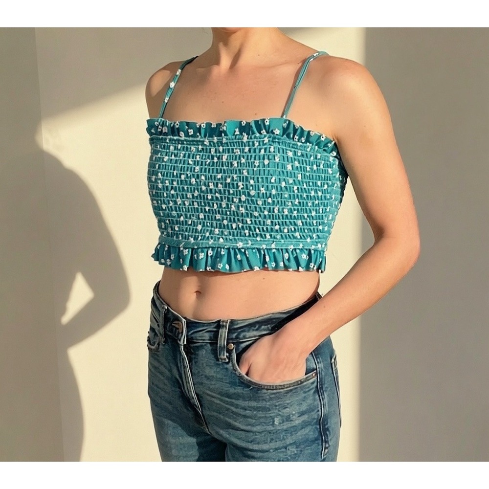 Teal Smocked Crop Cottagecore Summer‎ Fit Fairycore Spaghetti Straps Large
